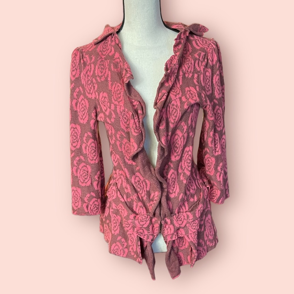 Anthropologie Pink Rose-Pattern Ruffle Cardigan